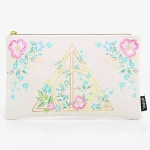 LOUNGEFLY HARRY POTTER DEATHLY HALLOWS FLORAL MAKEUP BAG! Gold Zipper Pouch Case